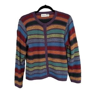 PERUVIAN KNITWEAR Alpaca Striped Button Front Crew Neck Cardigan Sweater M